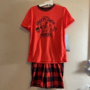 Boys Orange Creepy Crew Halloween Sleep Set Pajamas Top & Shorts Size XL (14)